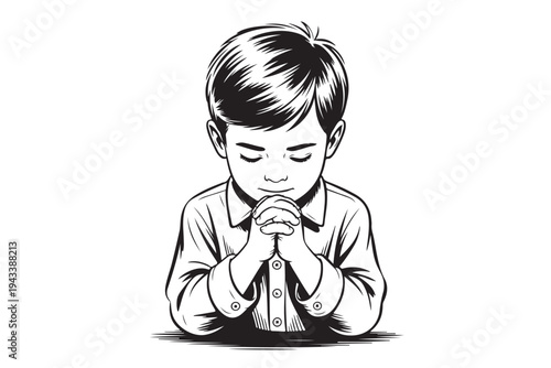 Pious little boy standing with eyes closed hands folded in prayer gesture showing childhood faith and innocence in etching
