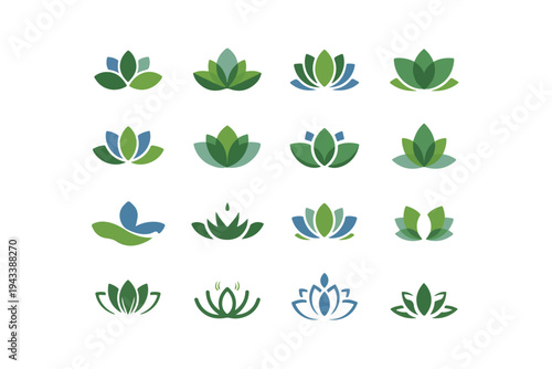 Set of lotus flower designs in various shades of green and blue, each illustration depicting a unique stylized representation of the sacred water lily