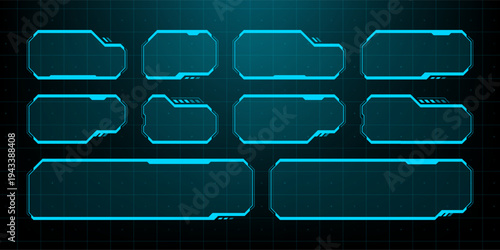 Set of blue glowing hud vector graphics frames. Futuristic user interface button elements. Sci-fi digital holographic information box for game design, software dashboard and data display.