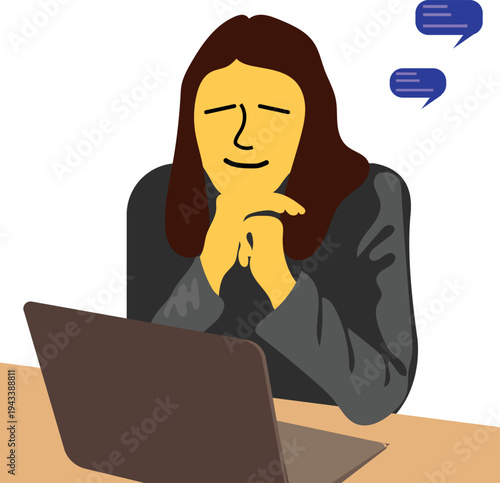 A woman sitting at a desk with a laptop and thinking isolated on white background, illustration