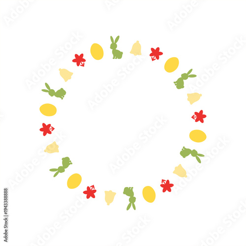 Empty round frame background vector design with elements, such as rabbit silhouette, egg, bell, flower in flat style in vibrant red, yellow, and green color