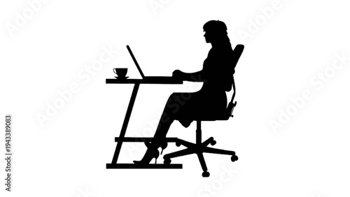 Woman Silhouette Working on Laptop at Desk in Office