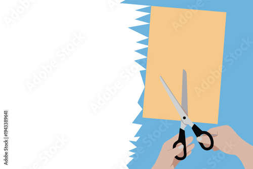 Hands cutting orange paper with scissors creating jagged edge.