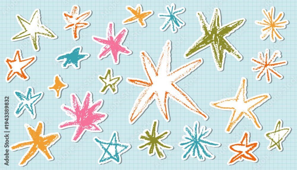 Obraz premium Hand-drawn colorful stars stickers set with a textured oil pastel and crayon effect on a light blue grid background. This whimsical sticker-style collection is perfect for nursery decor, scrapbooking.