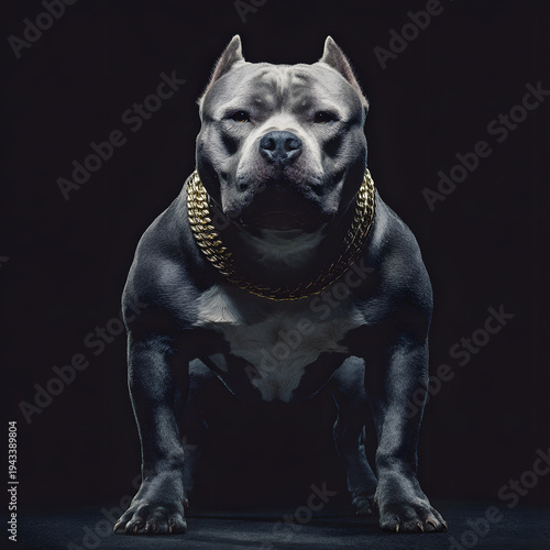 Majestic Pitbull Portrait: A formidable pitbull, exuding strength and confidence, poses directly for the camera, adorned with a bold gold chain against a dark backdrop.