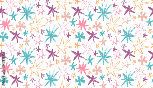 Seamless pattern of hand-drawn stars featuring a textured oil pastel and crayon aesthetic in vibrant colors. This playful, whimsical design is perfect for nursery decor, textiles, and stationery.