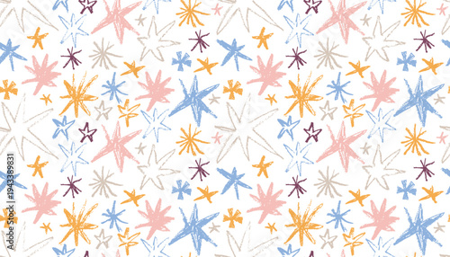 Seamless pattern of hand-drawn stars featuring a textured oil pastel and crayon aesthetic on a white background. This whimsical, colorful design is ideal for nursery textiles, wallpaper, and crafts.