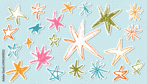 Hand-drawn colorful stars stickers set with a textured oil pastel and crayon effect on a light blue grid background. This whimsical sticker-style collection is perfect for nursery decor, scrapbooking.