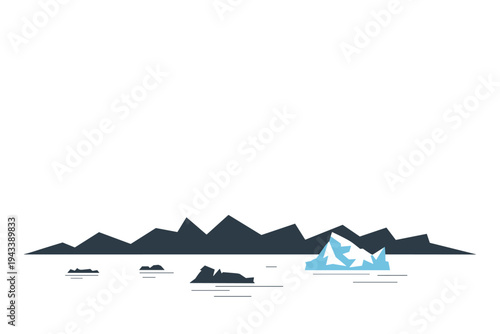 Arctic landscape with mountains and floating icebergs on calm water.