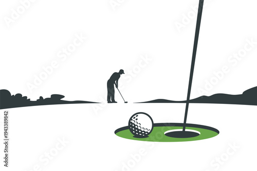 Golfer lining up putt with ball near hole.