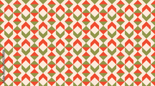 Seamless geometric pattern featuring red and green triangles and diamonds in a rhythmic, tribal-inspired arrangement. This modern tileable vector background is perfect for festive holiday textiles.