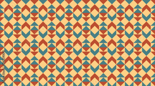Seamless geometric pattern featuring a rhythmic grid of tribal triangles, arrows and diamonds in retro orange, teal, and mustard tones. This vintage  tileable design is ideal for textiles and decor.