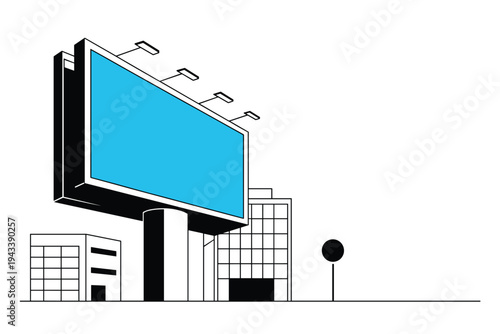 Bright blue blank billboard towering above simplified modern city buildings.