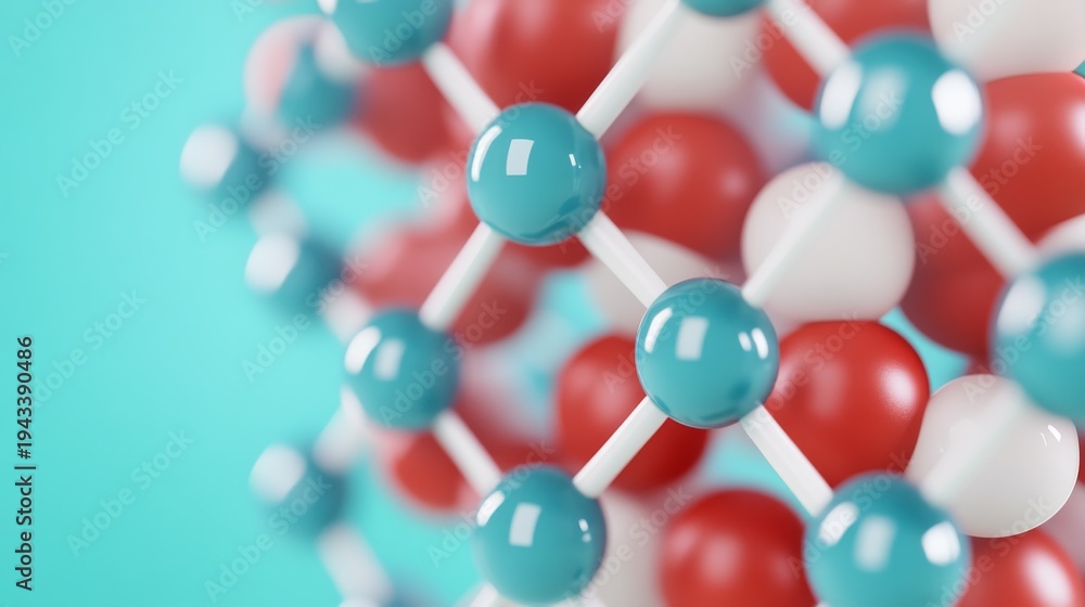Obraz premium Glossy Teal and Red-White 3D Molecular Structure Intricate atom network with sharp focus, against a soft blue, representing interconnected scientific research. ,chemistry, micro