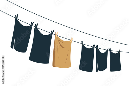 Fresh laundry hanging on clothesline with wooden clothespins illustration.