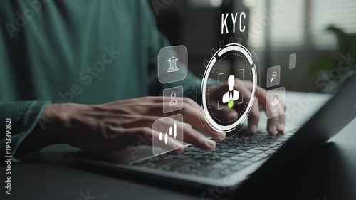 Know your customer KYC process concept. User using laptop with identity check and data verification icons, financial regulation, customer onboarding and risk management.