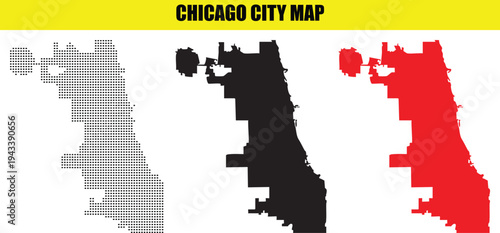Chicago city map silhouettes in three different styles including dotted, black, and red.
