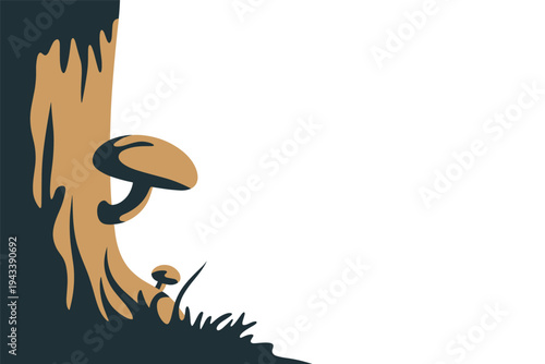 Fungi growing on stylized tree trunk in minimalist woodland illustration.