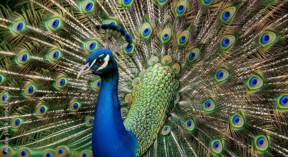 Obraz premium Vibrant Peacock Displaying Full Tail Feathers in Lush Green Forest with Iridescent Blue and Green Plumage