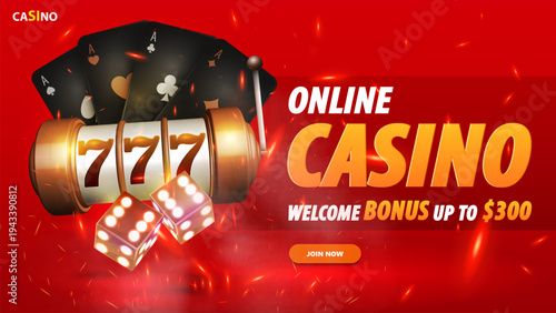 Online casino, red horizontal invitation banner for website with button, gold slot machine with jackpot and black playing cards in cartoon style. Call to action button invites users to join play