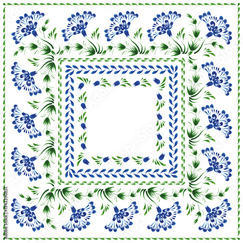 Vector floral seamless border patterns from hand painted blue flowers on a white background. 5 pattern brushes in the brush palette