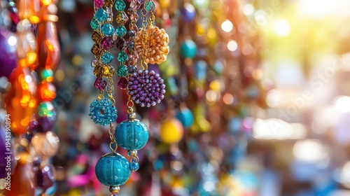Vibrant handcrafted beaded jewelry displayed at a colorful artisanal market stall