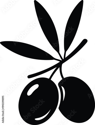 Silhouette black olive branch with fresh fruit and leaves vector illustration