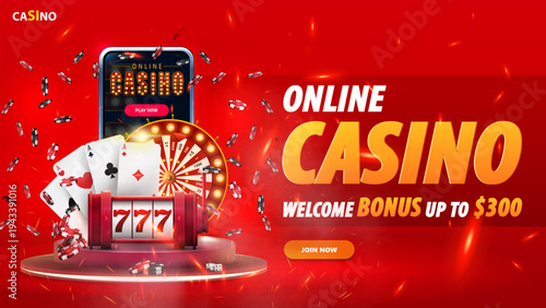 Vibrant red banner with casino elements. Smartphone, playing cards, wheel of fortune, and slot machine. Bold text announces casino offer with monetary value