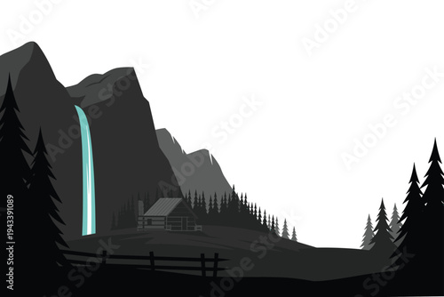 Peaceful mountain landscape with waterfall, cabin, pine trees, and fence.