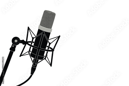 Studio condenser microphone on shock mount against clean white background.