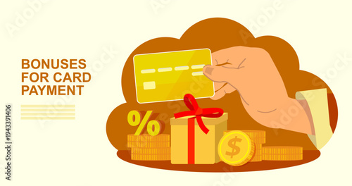 Golden credit card in humans’ hand, bank card with coins and bonuses, concept of bonuses for card payment,  illustration for bank landing page, concept of credit card