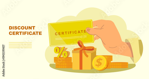 Gold discount certificate with presents and coins, illustration with certificate in humans` hand, ticket, voucher, discount certificate, gift voucher