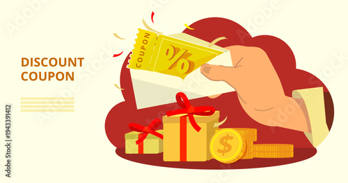 Gold discount coupon in envelope with presents and coins, lucky gift coupon, illustration with gift coupon in humans` hand, ticket, voucher, discount coupon, gift voucher