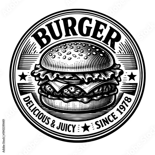 Vintage Woodcut Burger Logo: Classic Delicious & Juicy Hamburger Emblem Since 1978, Retro Engraved Fast Food Design, Gourmet Patty & Cheese Artwork for Restaurants, Diner Branding, or Menu Graphics.