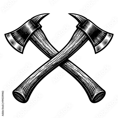 Vintage Woodcut Crossed Fire Axes Emblem. Classic Black & White Engraved Firefighter Rescue Tools. Symbolic Graphic Art for Fire Department Logos, Emergency Services, Brotherhood, and Brave Hero Desig