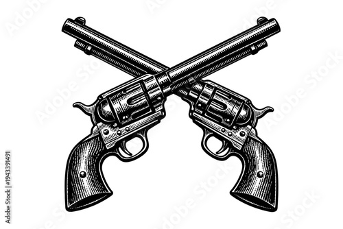 Vintage Crossed Revolvers Engraving: Iconic Wild West Firearms Illustration, Classic Cowboy Pistols, Antique Handguns Graphic, Retro American Old West Dueling Weapons Design, Historical Firepower Art,