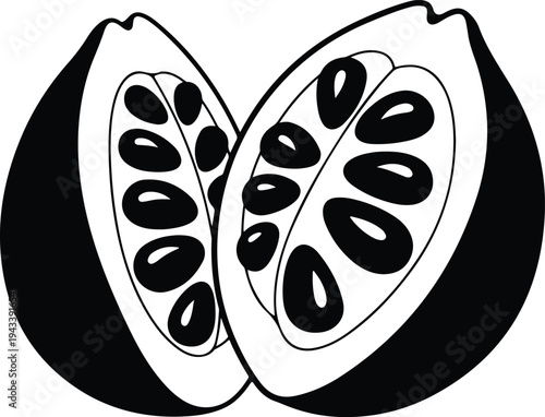 Silhouette passion fruit halves with seeds in simple black line vector illustration