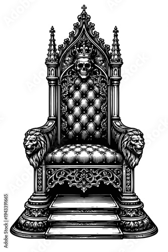 Majestic Gothic Throne Engraving: Highly detailed black and white illustration of an ornate royal seat featuring a crowned skull, regal lion head armrests, plush tufted upholstery, intricate scrollwor