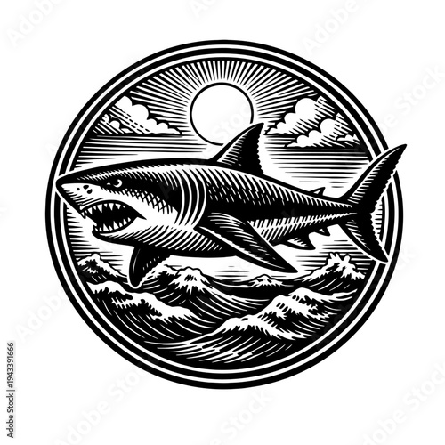 Fierce Great White Shark, jaws open, breaching dynamic ocean waves, vintage woodcut under sunburst sky with clouds, within a classic circular design. Ideal for marine art, nautical apparel, and powerf
