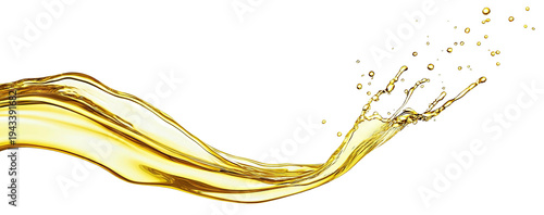 Golden olive oil splash flowing liquid wave, isolated on transparent cutout background