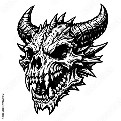 Highly detailed black and white engraving of a terrifying monstrous skull, featuring imposing curved horns, wicked razor-sharp fangs, and menacing spiky protrusions. This artwork perfectly embodies da