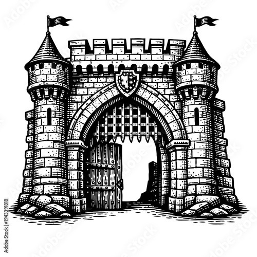 Detailed black and white engraving of a medieval castle gate, featuring twin towers with flags, an arched entrance with an open wooden door and a portcullis, topped with battlements and a shield crest