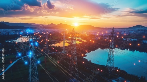 Vast electrical grid infrastructure illuminated at sunset, showcasing energy transmission across a sprawling landscape with glowing lights
