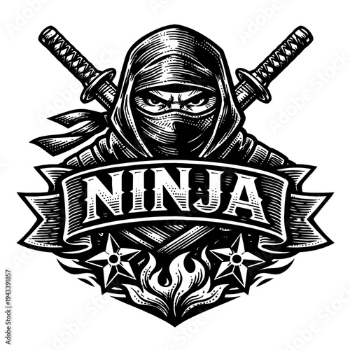 Vintage Ninja Assassin Warrior Emblem with Crossed Katanas & Shurikens, Stealthy Japanese Martial Arts Design in Engraved Woodcut Style, Retro Black & White Shadow Master Illustration for Gaming, Appa
