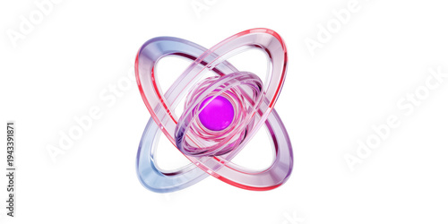 Purple pink and white swirling atom model with glowing core isolated on a transparent background
