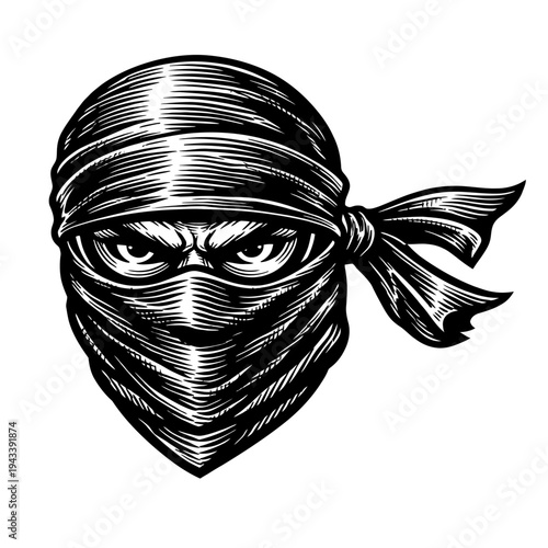 Intense Woodcut Style Masked Figure: Striking Black and White Illustration of a Mysterious Ninja or Bandit with Piercing Eyes and Covered Face, Ideal for Logos, Apparel, Gaming, and Edgy Design Projec