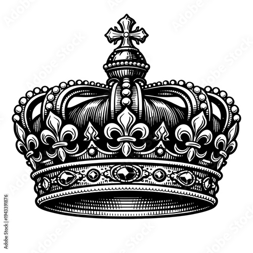 Ornate vintage royal crown engraving, majestic black and white illustration. Features intricate fleur-de-lis patterns, detailed gem settings, and a prominent cross atop. Evokes power, luxury, and hist