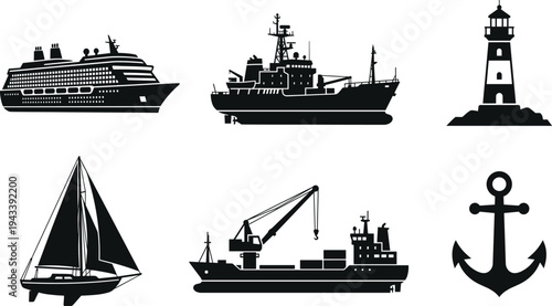 Nautical silhouette set featuring cruise ship lighthouse sailboat cargo vessel anchor and industrial research boat for maritime transport travel and ocean logistics design