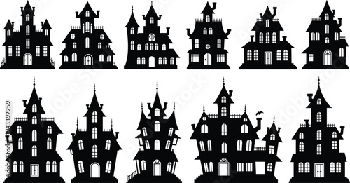 Spooky haunted house silhouette set featuring gothic mansions and mystery castles with towers and crooked roofs for Halloween holiday party and horror design