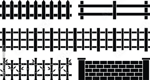 Fence silhouette icon set featuring wooden picket fence bamboo garden borders ranch style rails and brick wall with pillars for landscaping and property design